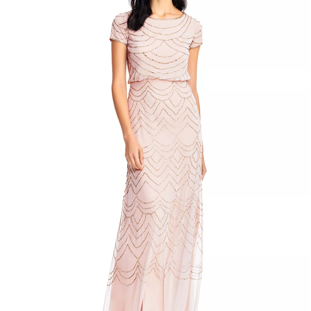Adriana Papell Beaded Blouson Gown Pink Blush Gold Color Size 4